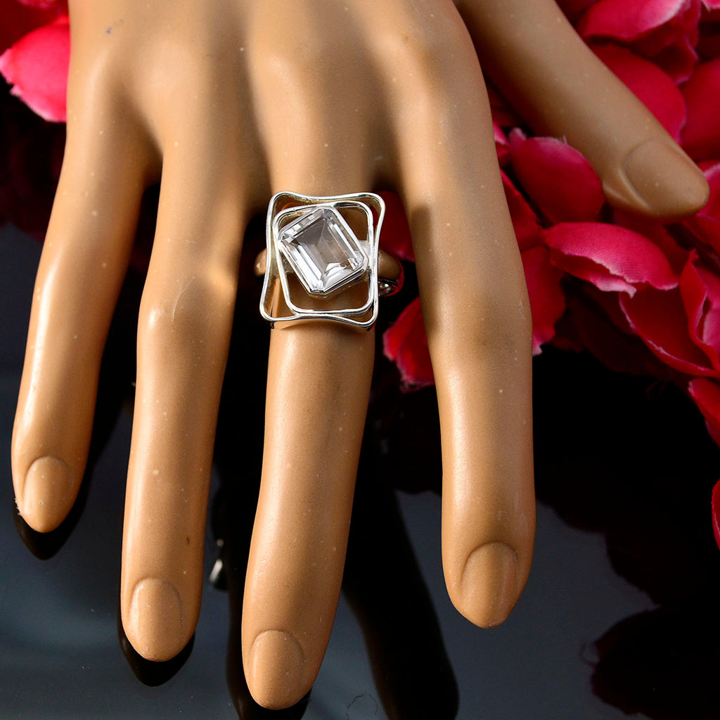 Crystal Quartz Solitaire French Silver White Gems Mid weight Signet Ring Jewelry