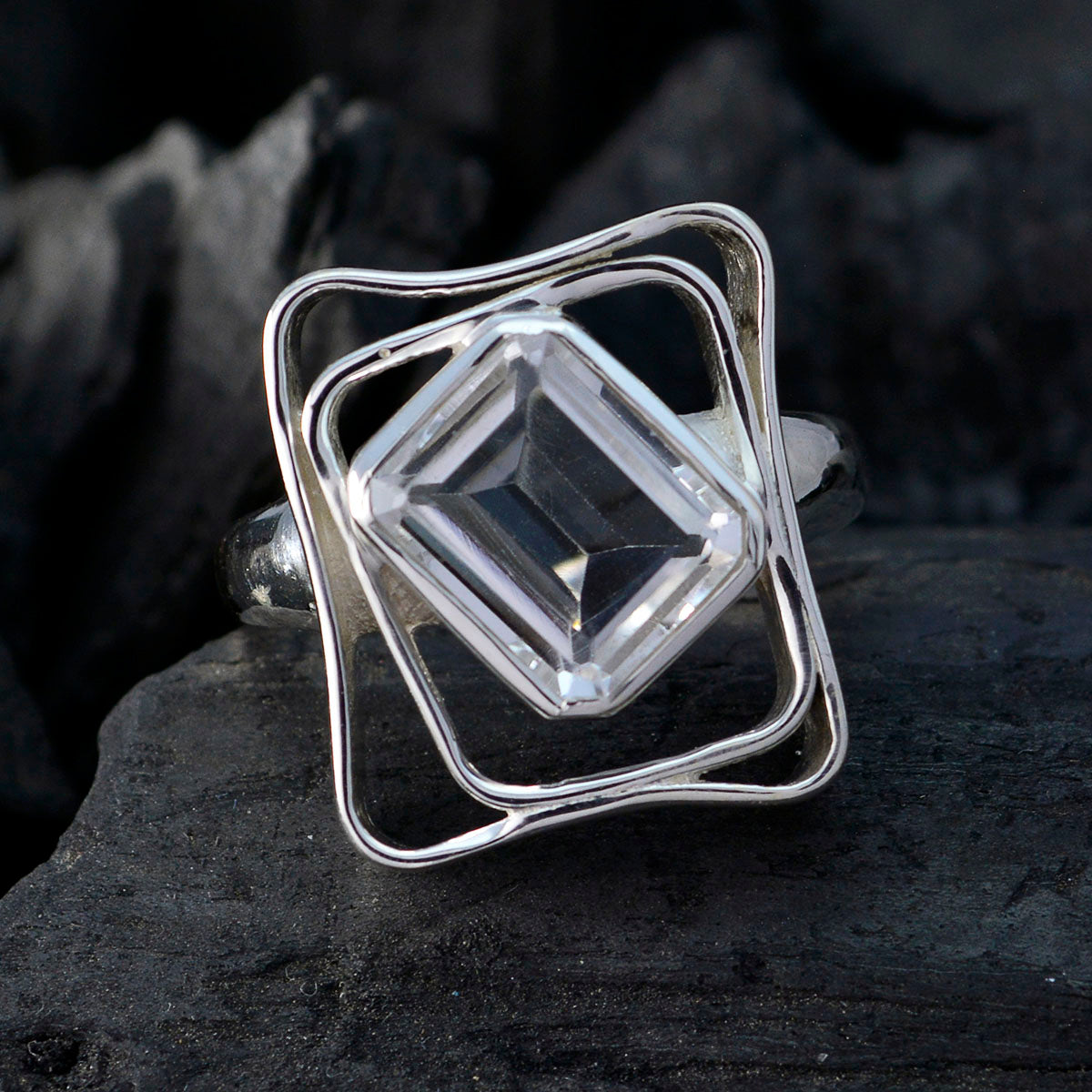 Crystal Quartz Solitaire French Silver White Gems Mid weight Signet Ring Jewelry