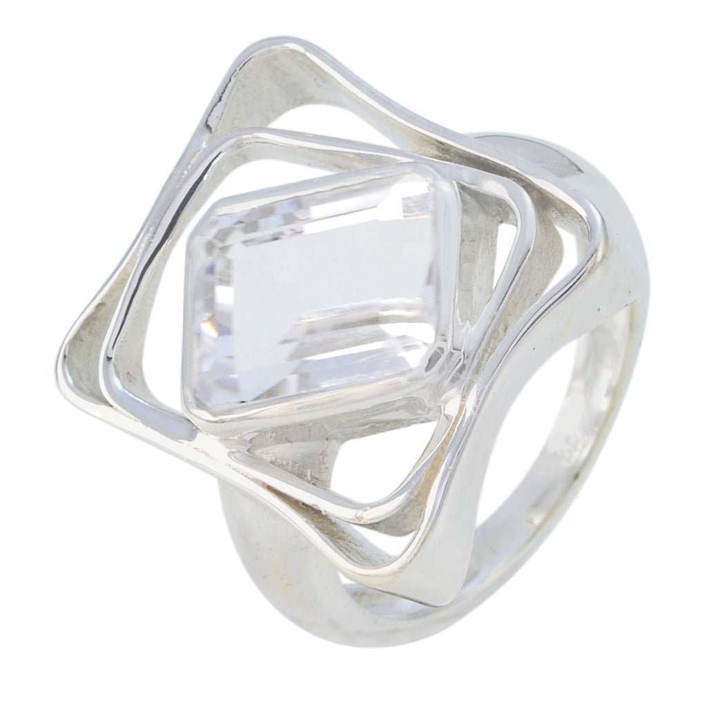 Crystal Quartz Solitaire French Silver White Gems Mid weight Signet Ring Jewelry