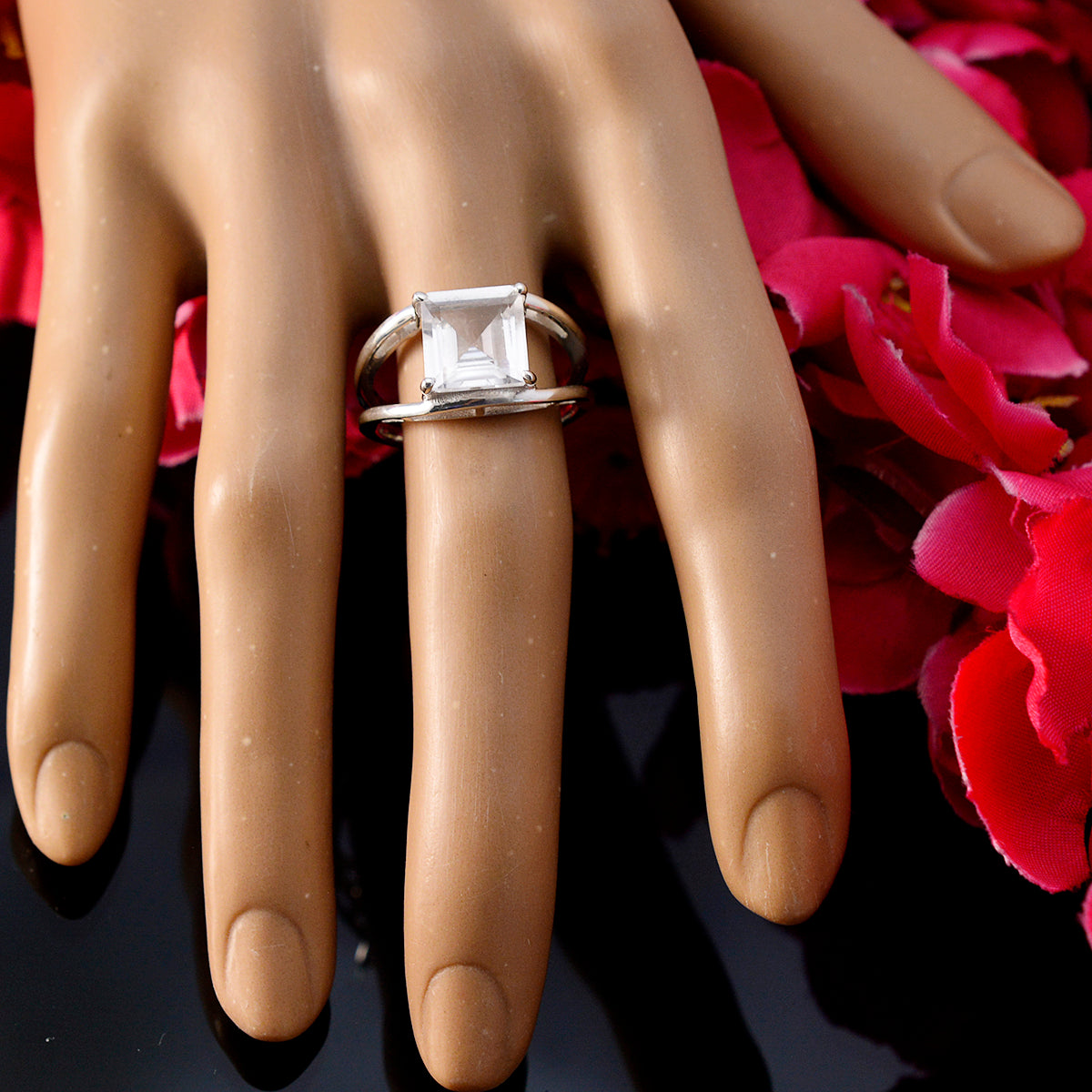 Crystal Quartz Solitaire Russian 925 Sterling Silver White Gemstone Slim Cultural Ring Jewelry