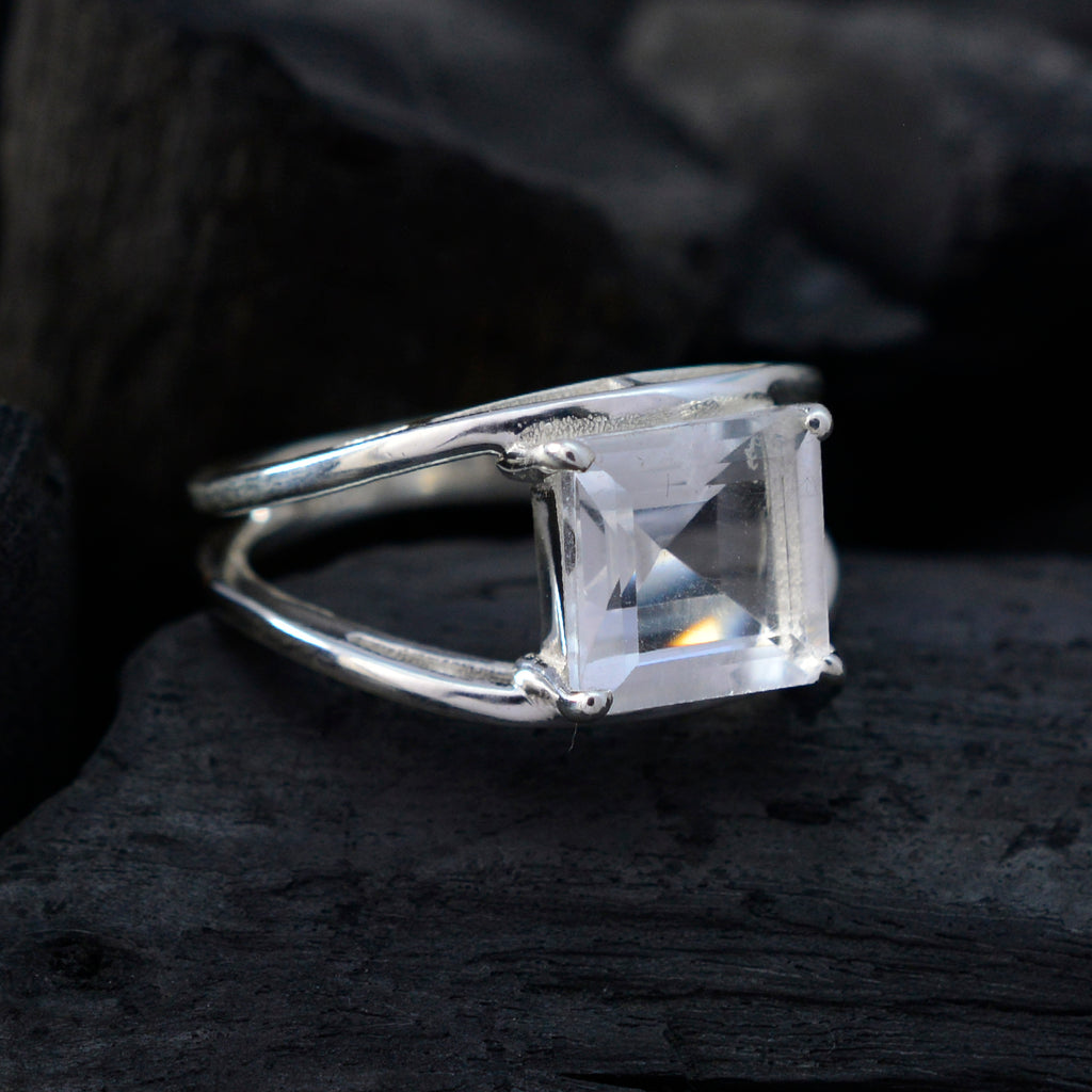 Crystal Quartz Solitaire Russian 925 Sterling Silver White Gemstone Slim Cultural Ring Jewelry