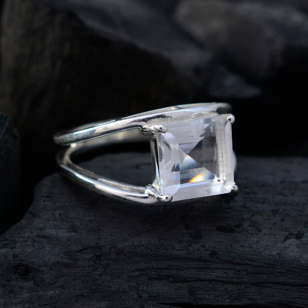 Crystal Quartz Solitaire Russian 925 Sterling Silver White Gemstone Slim Cultural Ring Jewelry