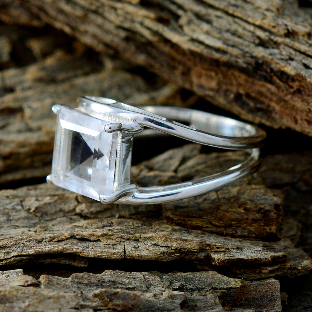 Crystal Quartz Solitaire Russian 925 Sterling Silver White Gemstone Slim Cultural Ring Jewelry