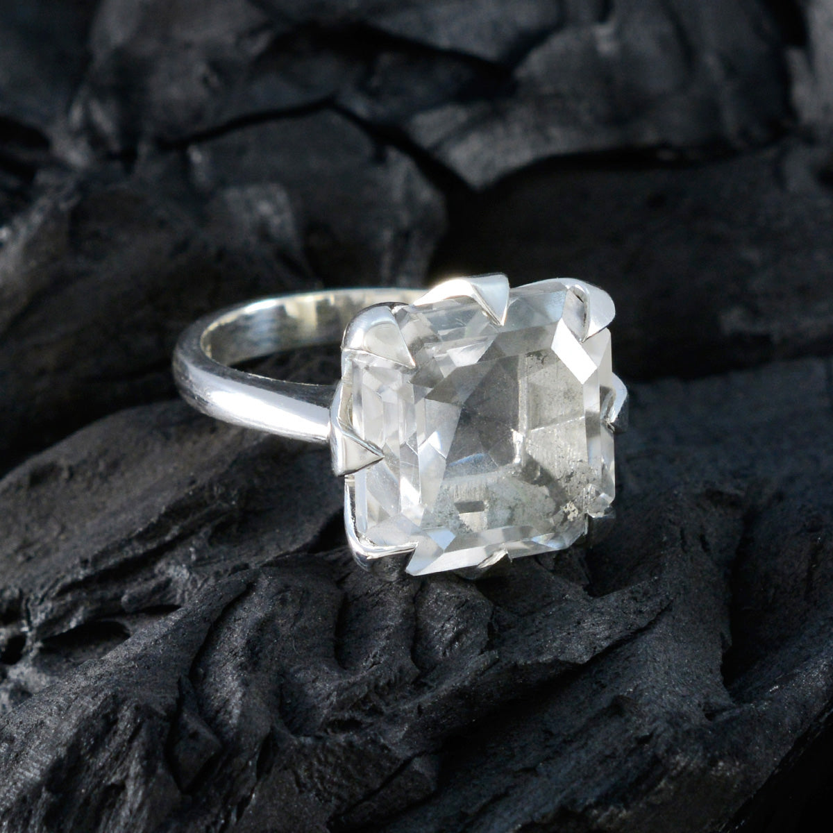 Crystal Quartz Solitaire Russian Silver White Gemstone Mid weight Boho Ring Jewelry