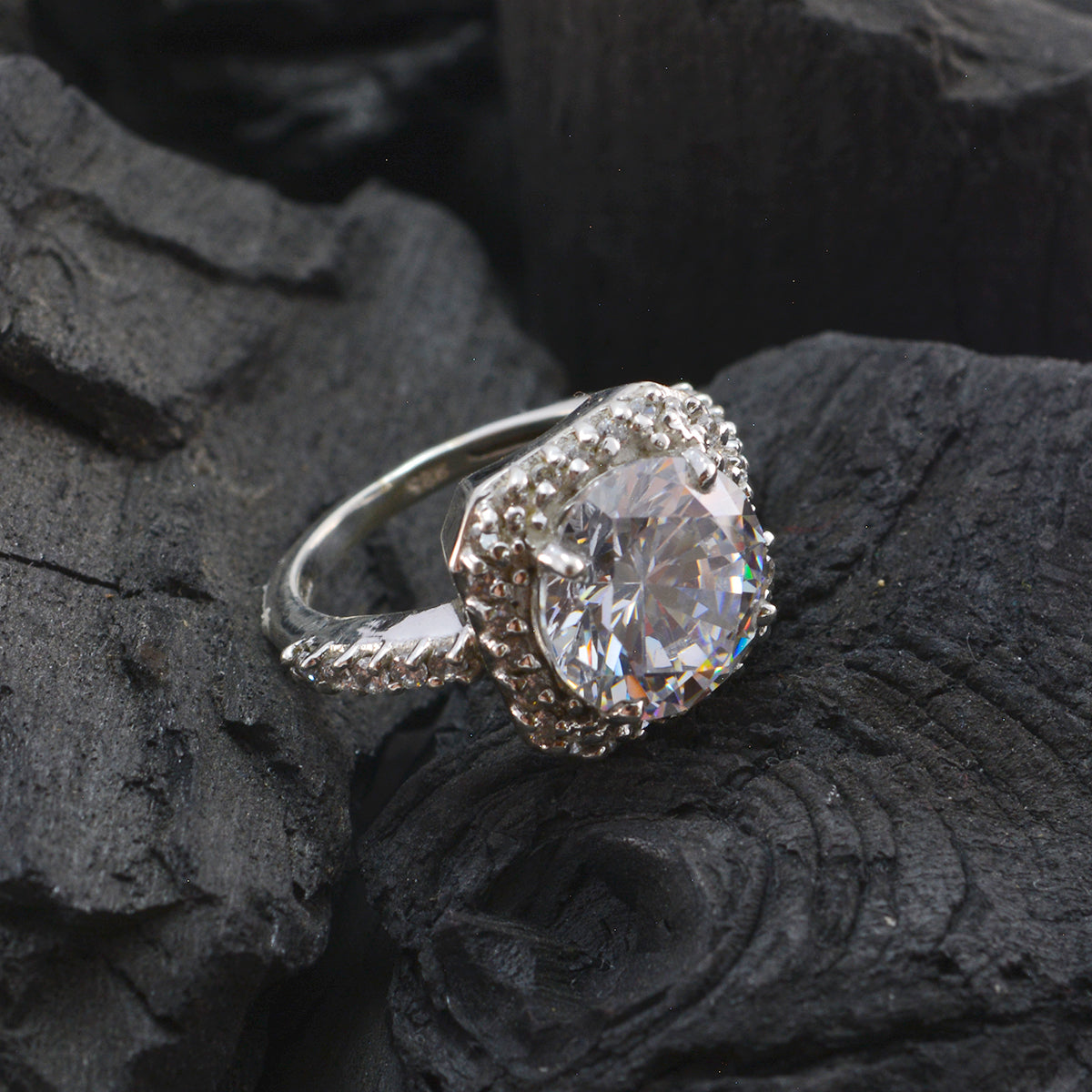 Crystal Quartz Halo Russian 92.5 Silver White Gemstone Slim Romantic Ring Jewelry