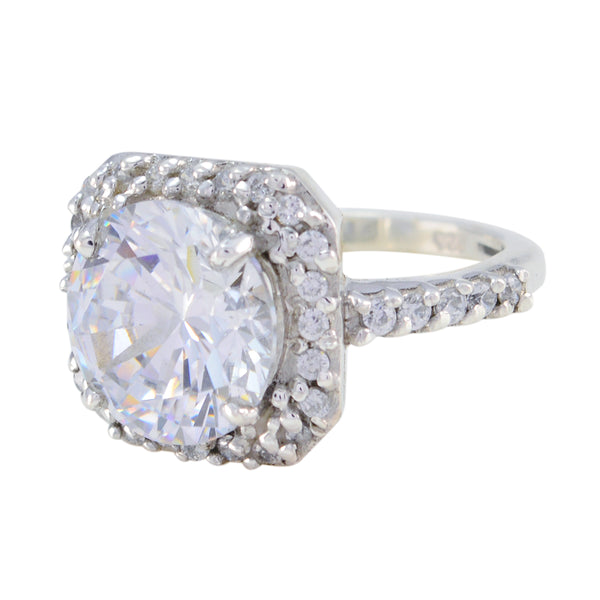 Crystal Quartz Halo Russian 92.5 Silver White Gemstone Slim Romantic Ring Jewelry