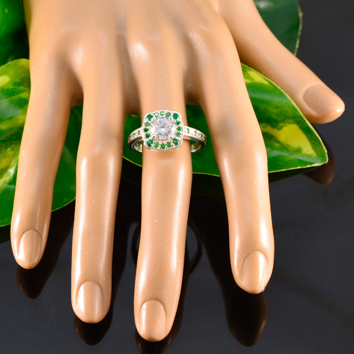 Emerald CZ Halo Indian 92.5 Silver Green Gemstones Classic Glamorous Ring Jewelry
