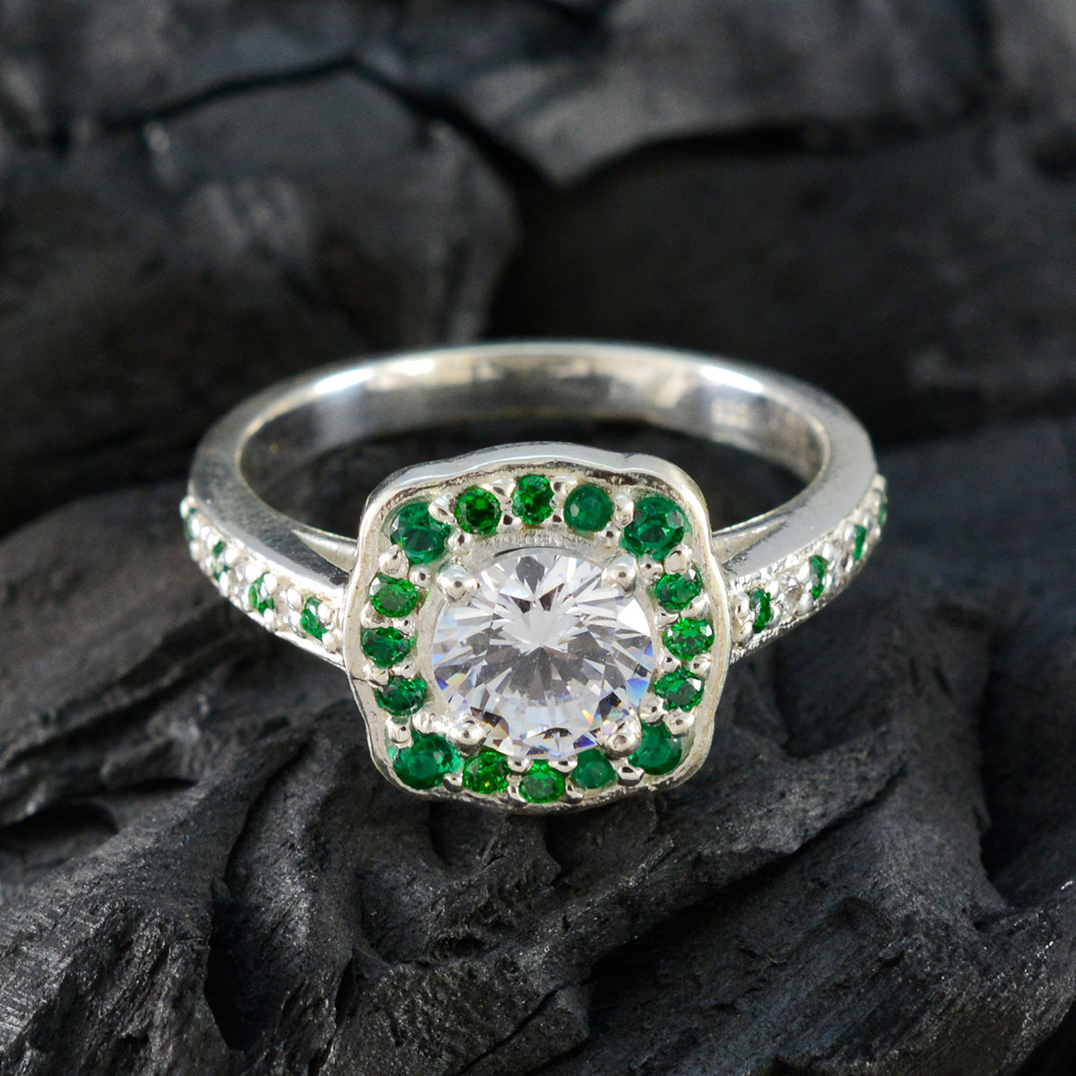 Emerald CZ Halo Indian 92.5 Silver Green Gemstones Classic Glamorous Ring Jewelry
