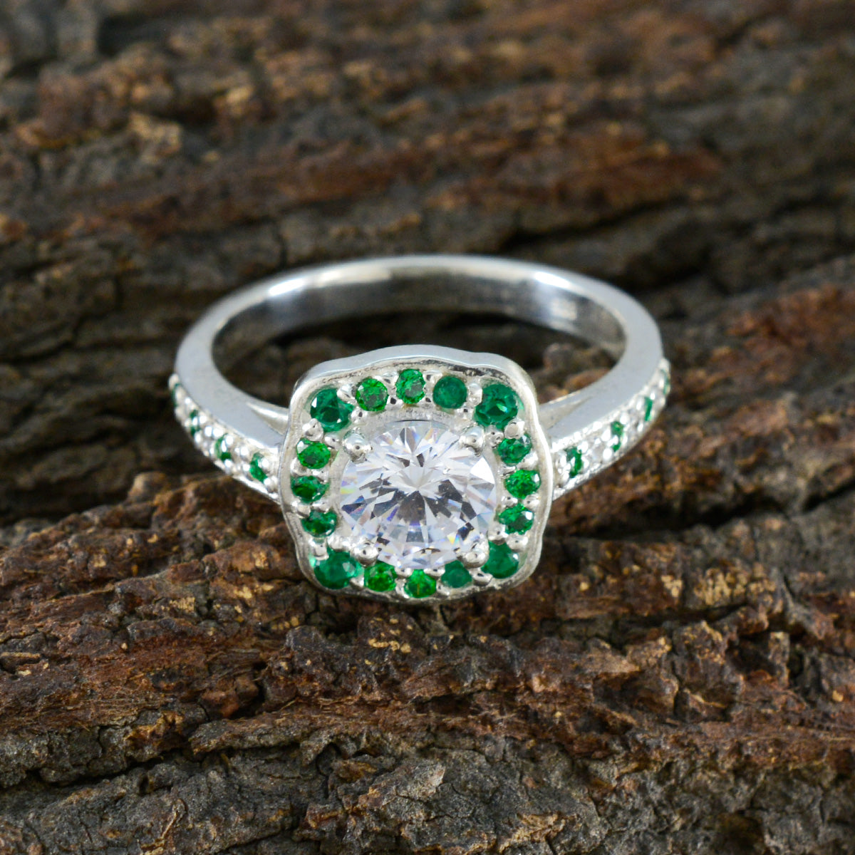 Emerald CZ Halo Indian 92.5 Silver Green Gemstones Classic Glamorous Ring Jewelry