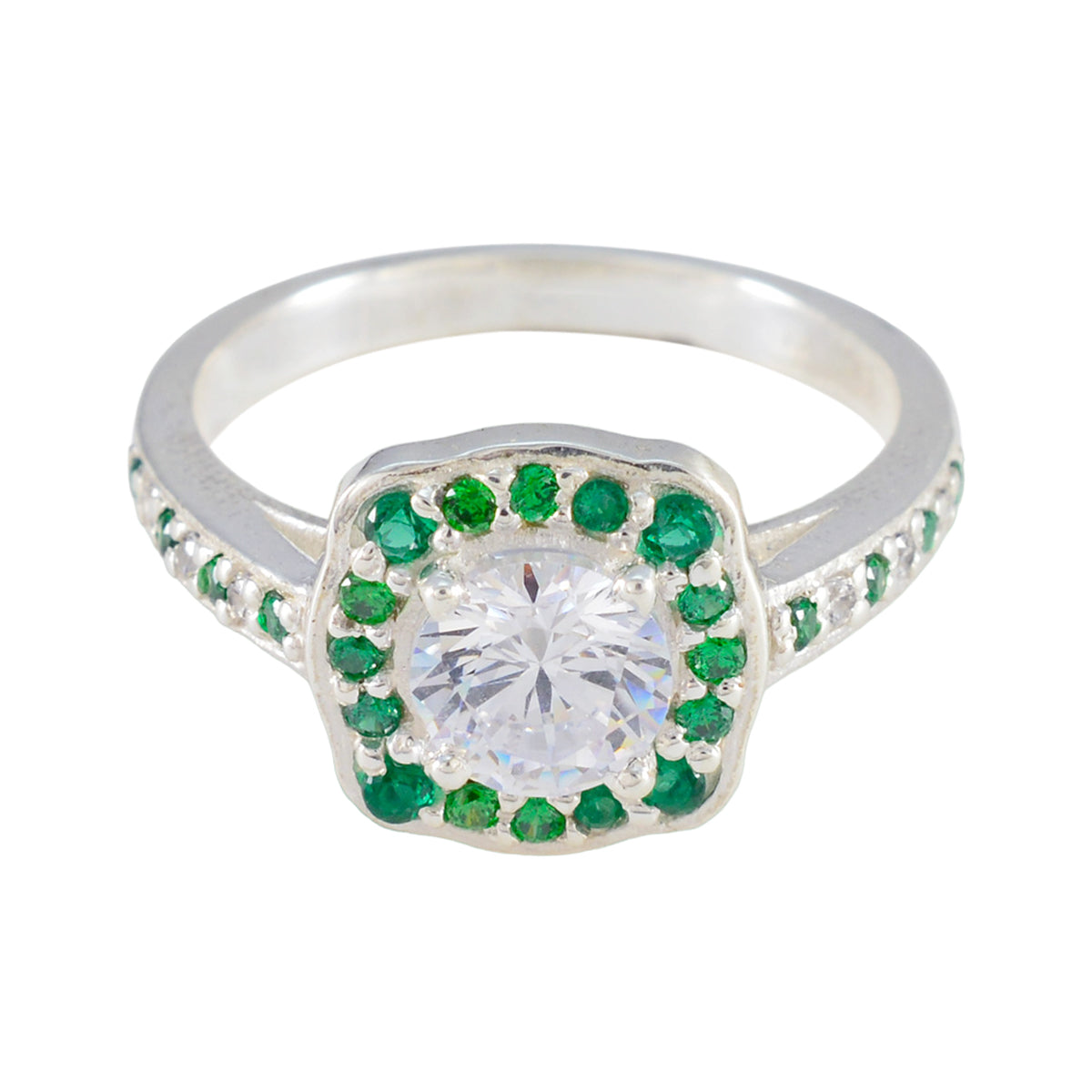 Emerald CZ Halo Indian 92.5 Silver Green Gemstones Classic Glamorous Ring Jewelry Imagen principal del producto