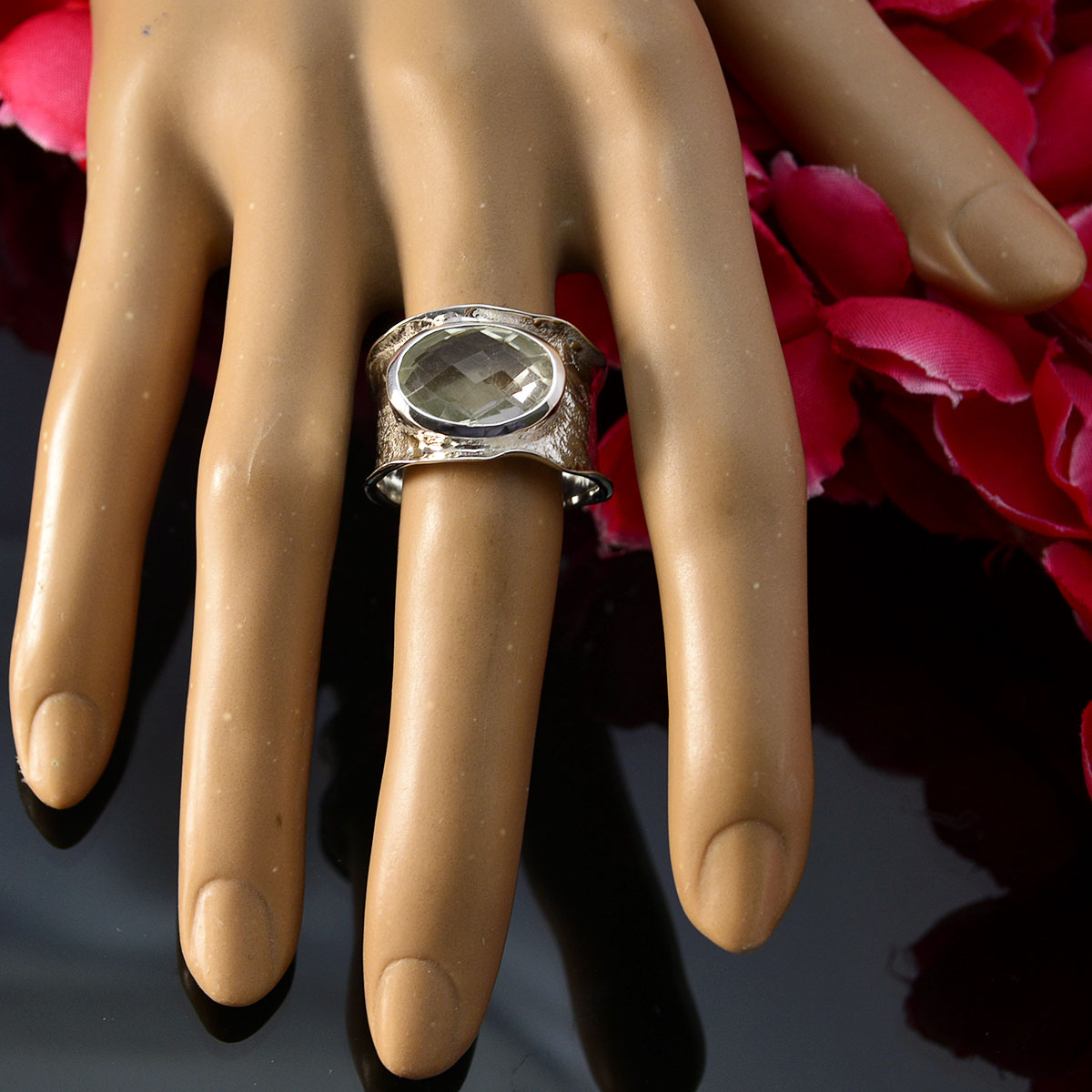 Green Amethyst Solitaire German Silver Green Gemstone Edgy Oversized Band Jewellery