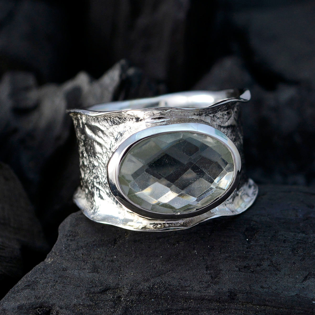 Green Amethyst Solitaire German Silver Green Gemstone Edgy Oversized Band Jewellery