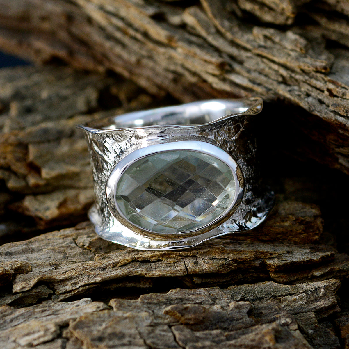 Green Amethyst Solitaire German Silver Green Gemstone Edgy Oversized Band Jewellery