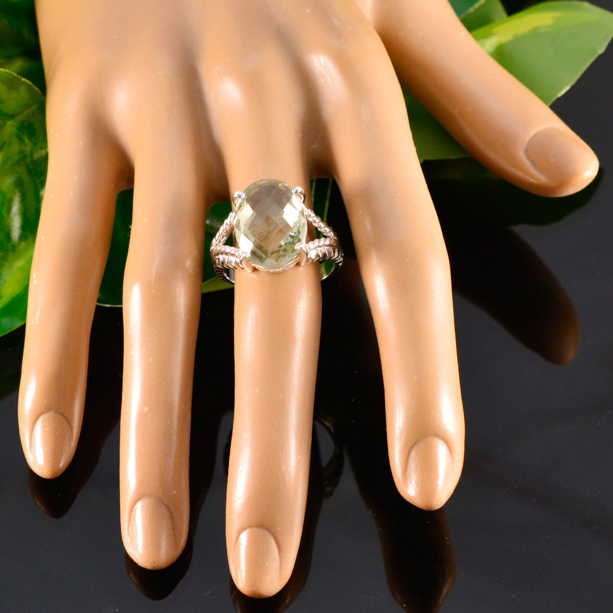Green Amethyst Solitaire German 925 Silver Green Gemstones Mid weight Fairytale Ring Jewelry