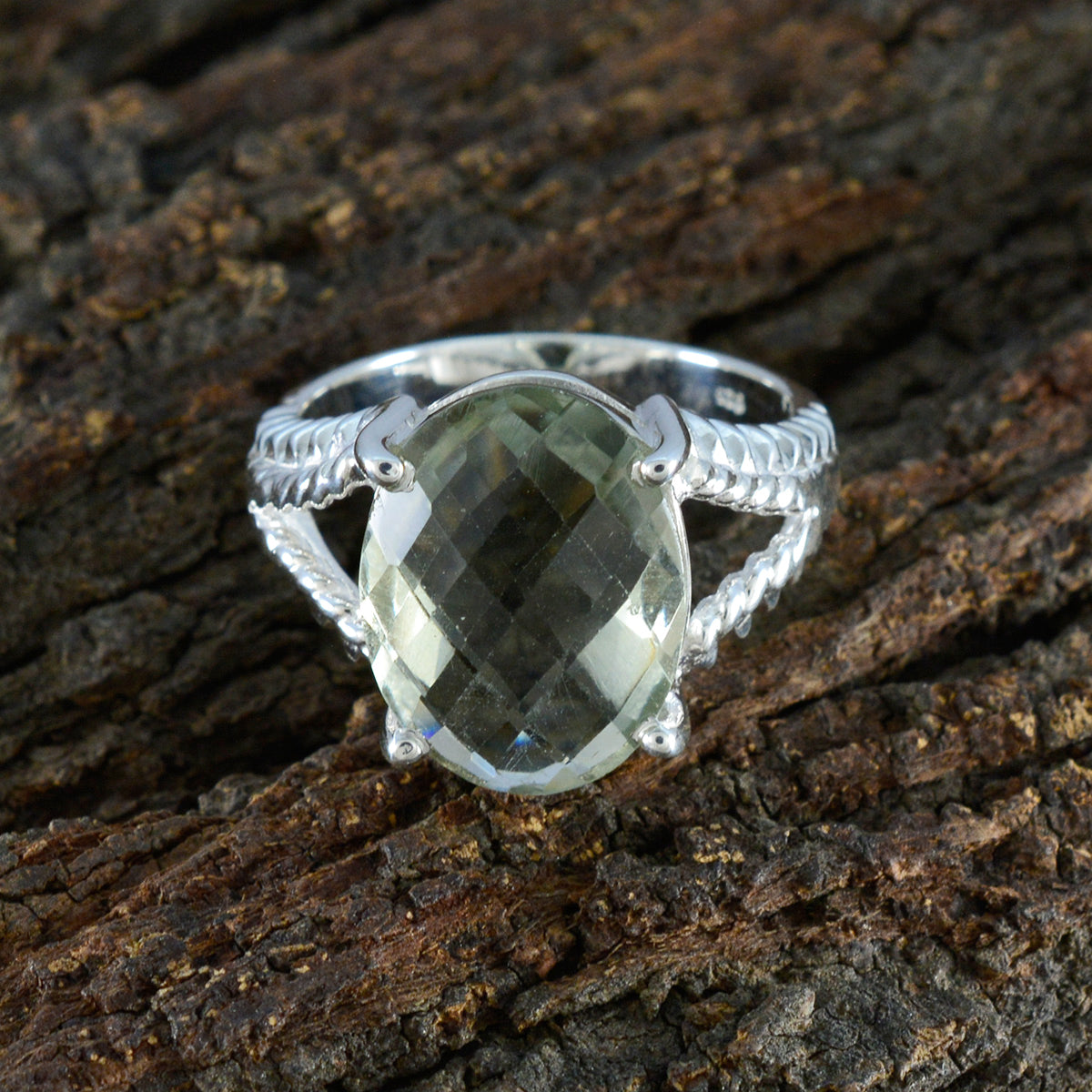 Green Amethyst Solitaire German 925 Silver Green Gemstones Mid weight Fairytale Ring Jewelry