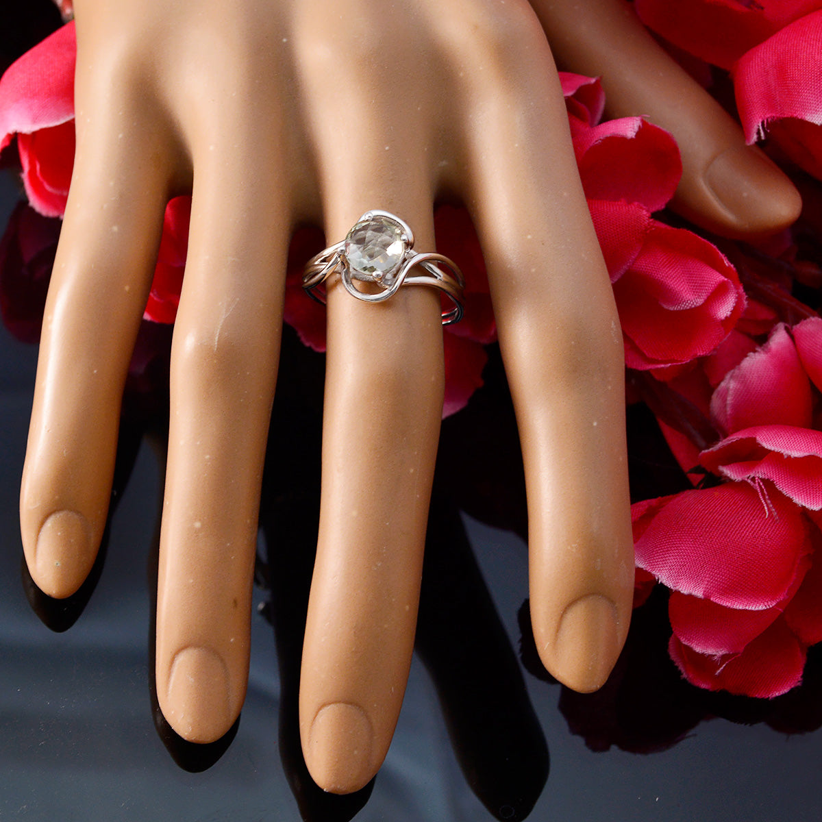 Green Amethyst Solitaire American 925 Sterling Silver Green Gemstone Delicate Graceful Ring Jewelry