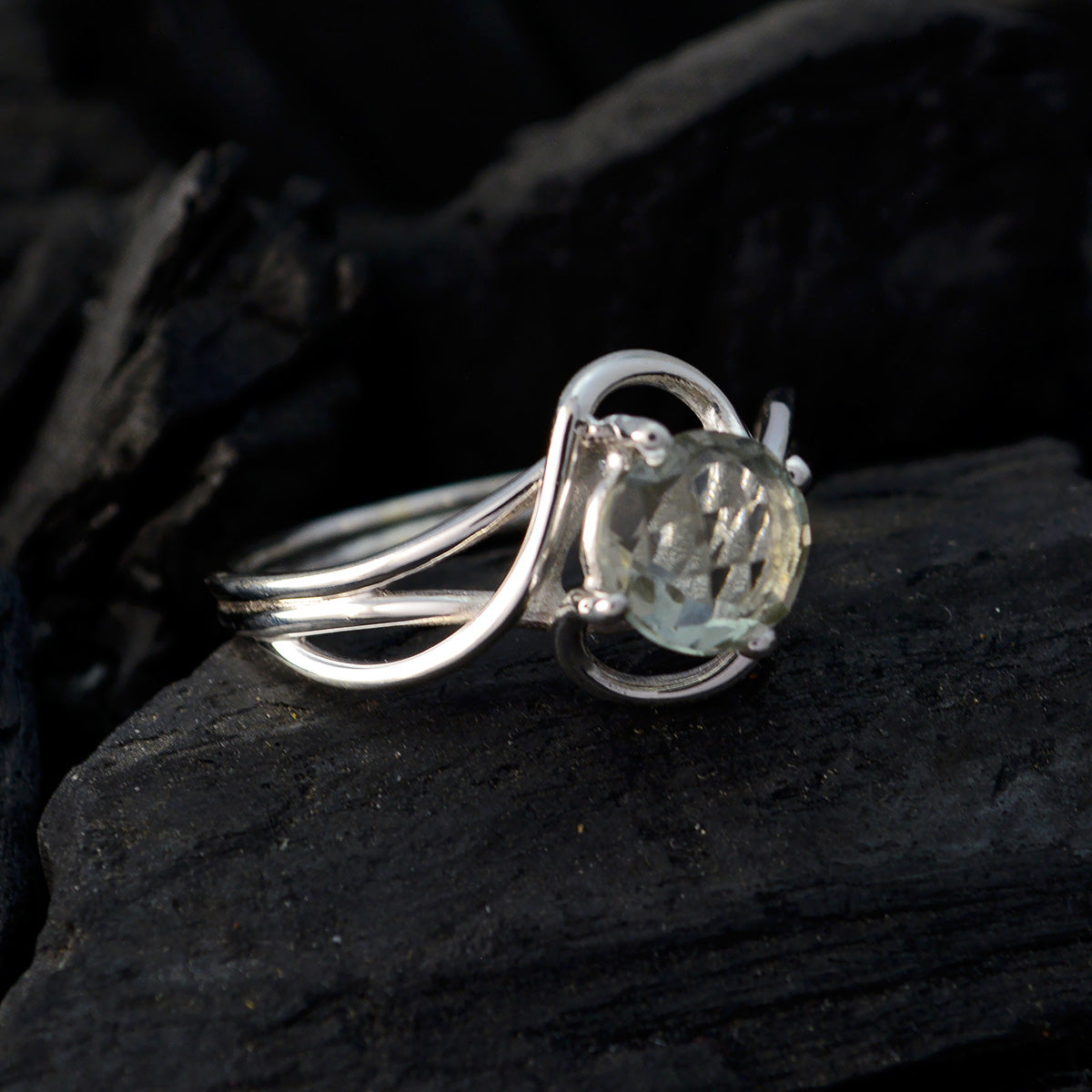 Green Amethyst Solitaire American 925 Sterling Silver Green Gemstone Delicate Graceful Ring Jewelry