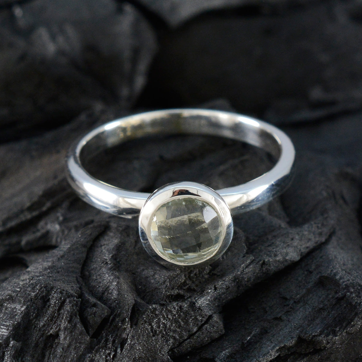 Green Amethyst Solitaire Turkish 925 Silver Green Gemstone Dainty Abstract Ring Jewelry