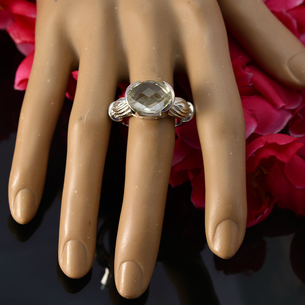 Green Amethyst Solitaire Italian 925 Sterling Silver Green Gemstone Edgy Armor Ring Jewelry