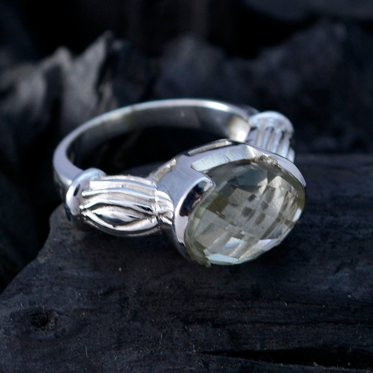 Green Amethyst Solitaire Italian 925 Sterling Silver Green Gemstone Edgy Armor Ring Jewelry