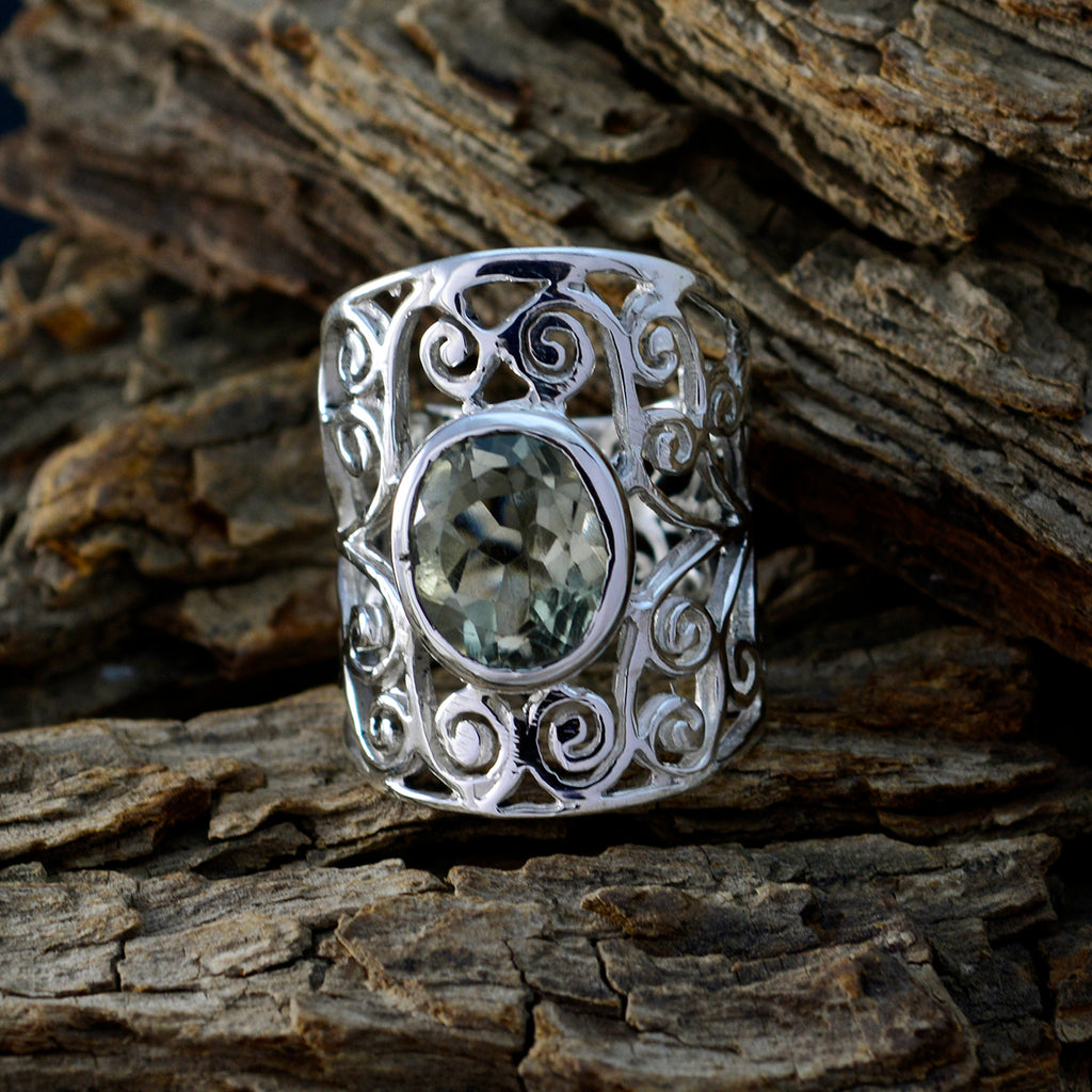 Green Amethyst Solitaire Italian Sterling Silver Green Gemstones Eye catching Filigree Ring Jewellery