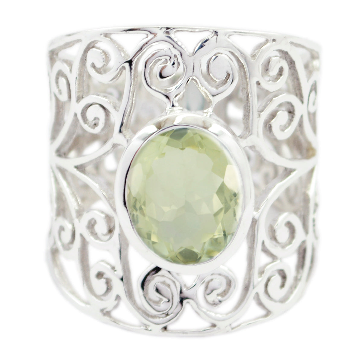 Green Amethyst Solitaire Italian Sterling Silver Green Gemstones Eye catching Filigree Ring Jewellery Hoofdafbeelding