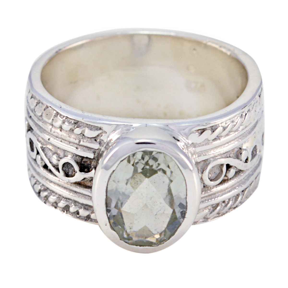 Green Amethyst Solitaire French Sterling Silver Green Gemstone Mid weight Art Deco Ring Jewelry