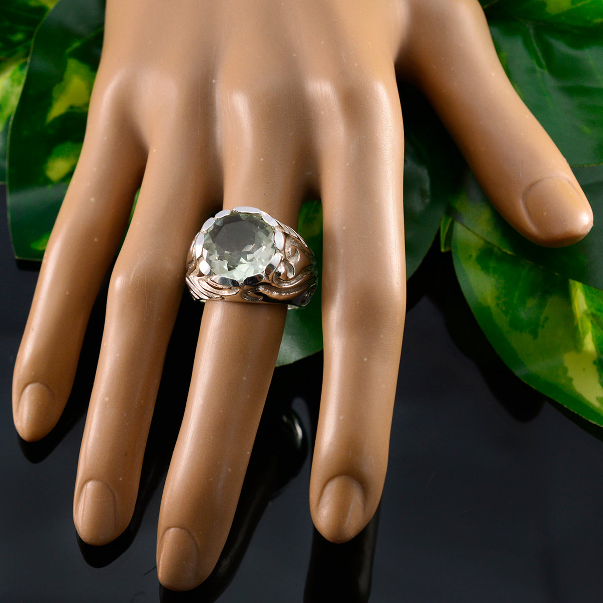 Green Amethyst Solitaire French 925 Sterling Silver Green Gemstones Chunky Contemporary Ring Jewellery