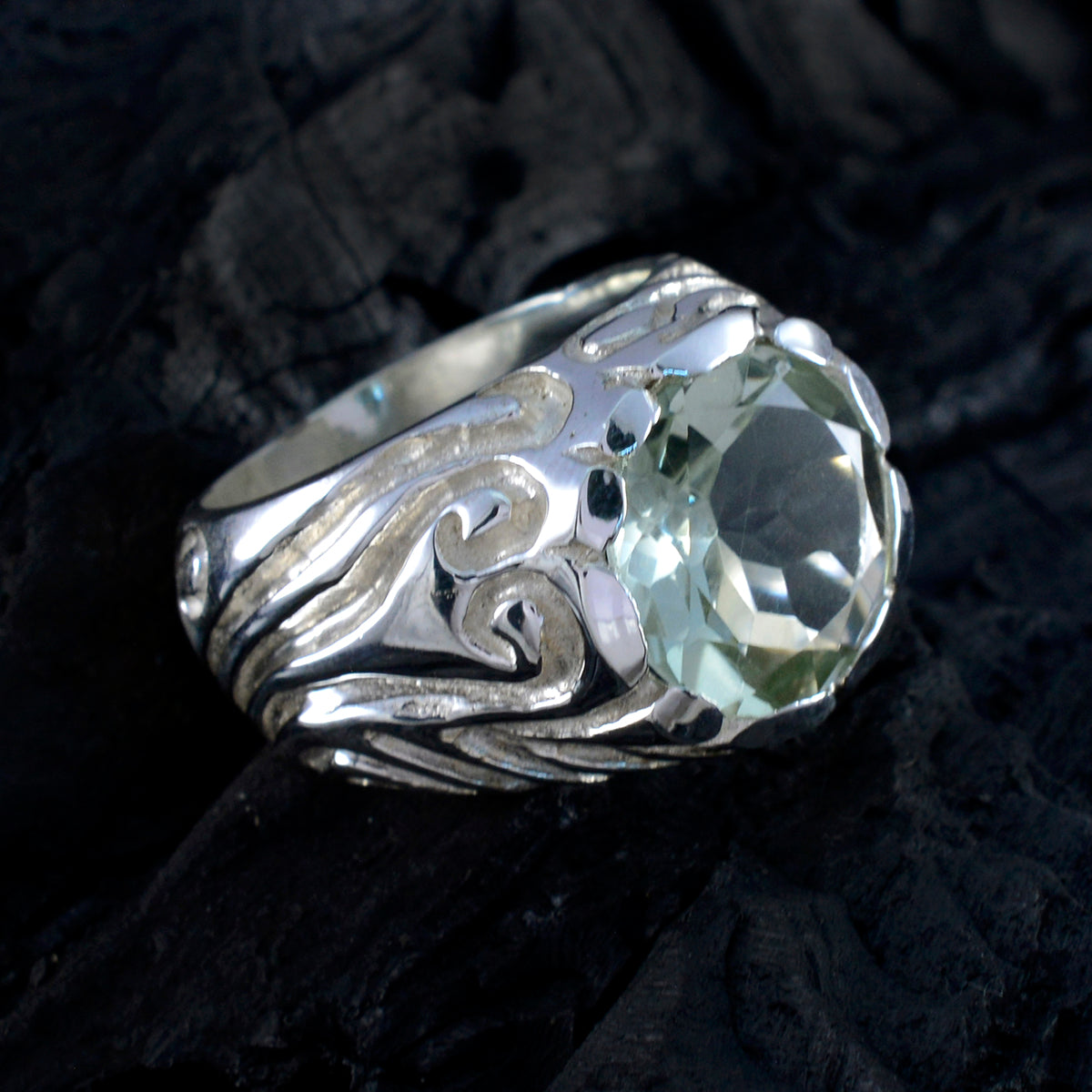 Green Amethyst Solitaire French 925 Sterling Silver Green Gemstones Chunky Contemporary Ring Jewellery