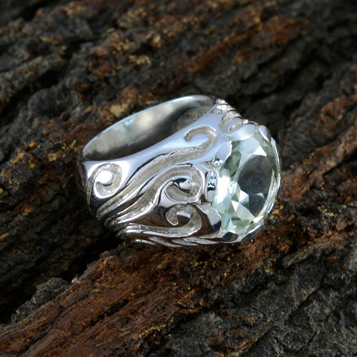 Green Amethyst Solitaire French 925 Sterling Silver Green Gemstones Chunky Contemporary Ring Jewellery