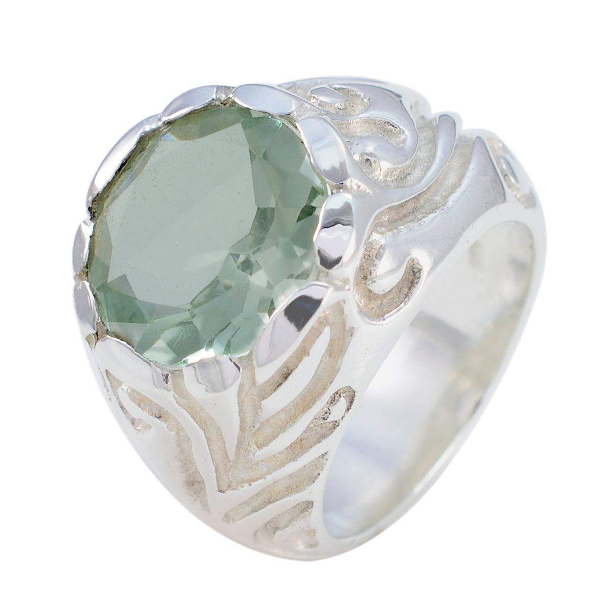 Green Amethyst Solitaire French 925 Sterling Silver Green Gemstones Chunky Contemporary Ring Jewellery