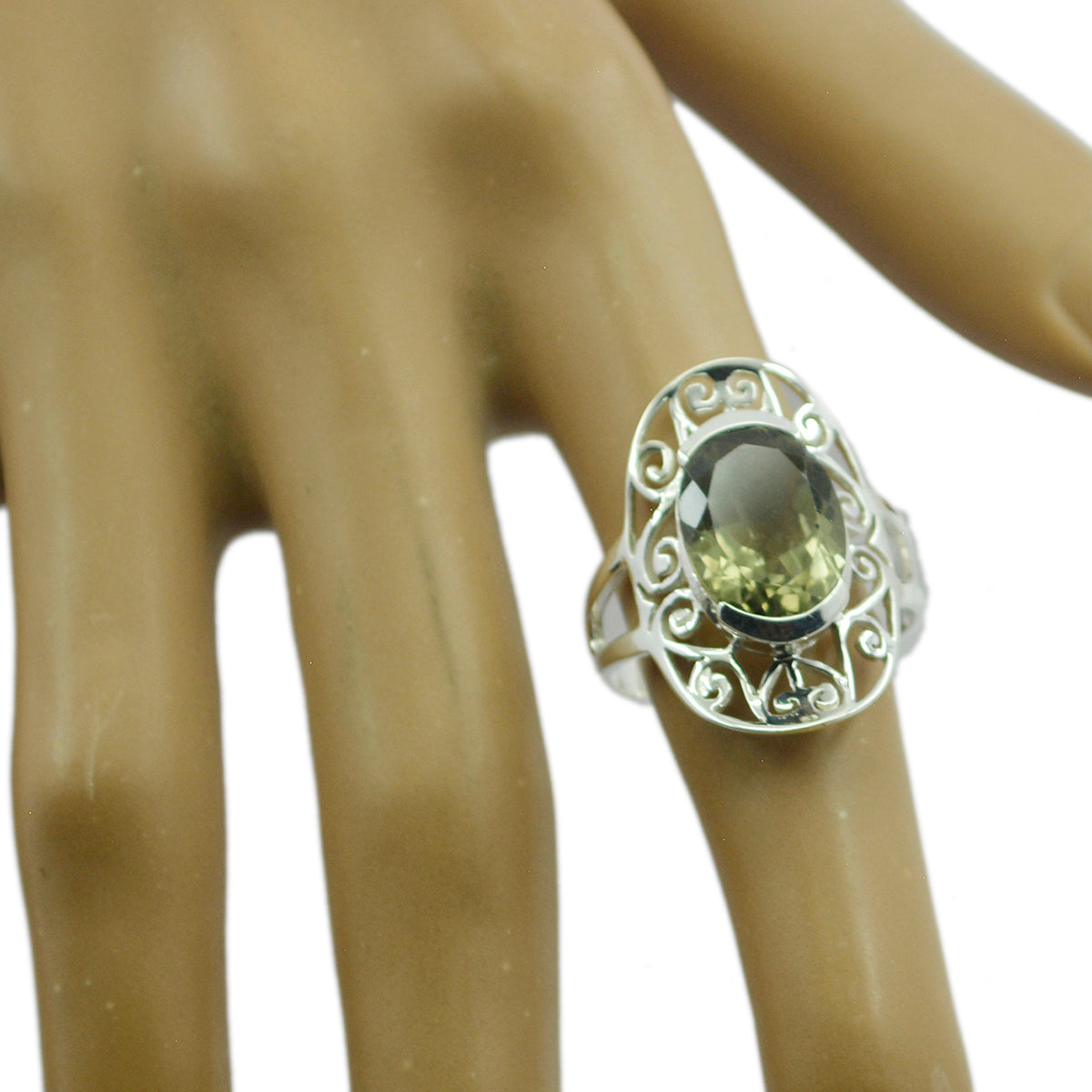 Anello Art Déco classico con pietra preziosa verde in argento sterling indiano e solitario in ametista verde Immagine secondaria del prodotto