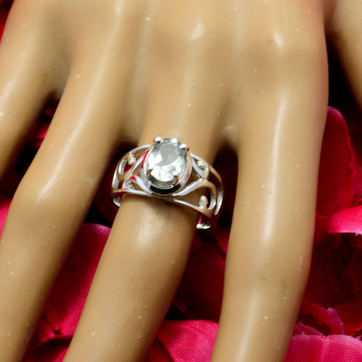 Green Amethyst Solitaire Middle Eastern 925 Silver Green Gems Minimal Filigree Ring Jewellery