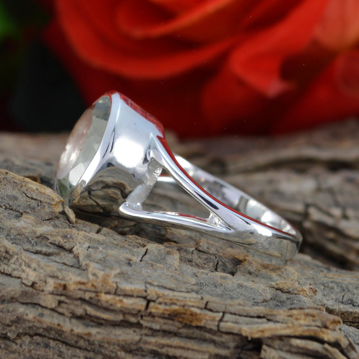 Green Amethyst Solitaire French Sterling Silver Green Gemstone Slim Cultural Ring Jewelry