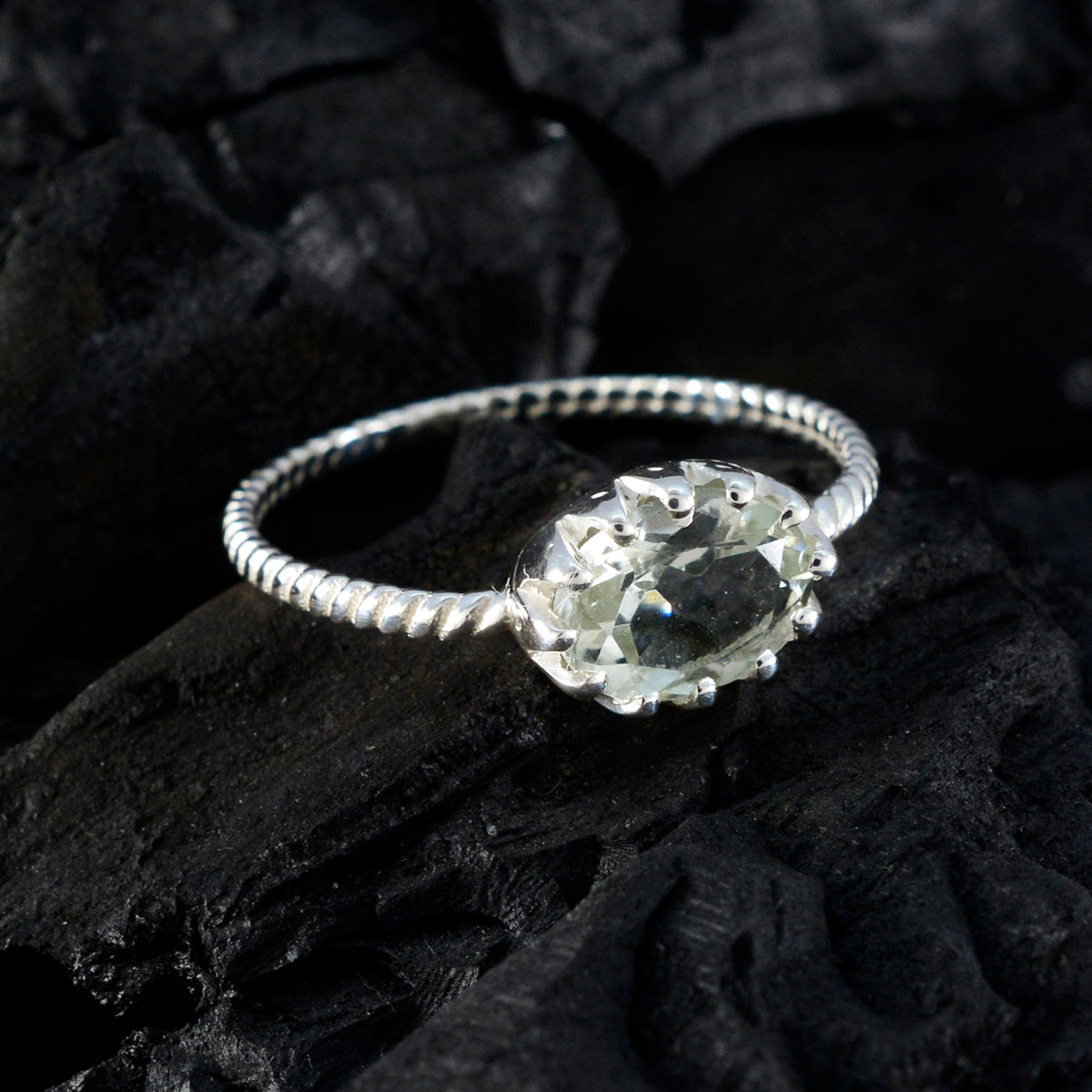 Green Amethyst Solitaire American Sterling Silver Green Gems Elegant  Twist Ring Jewelry