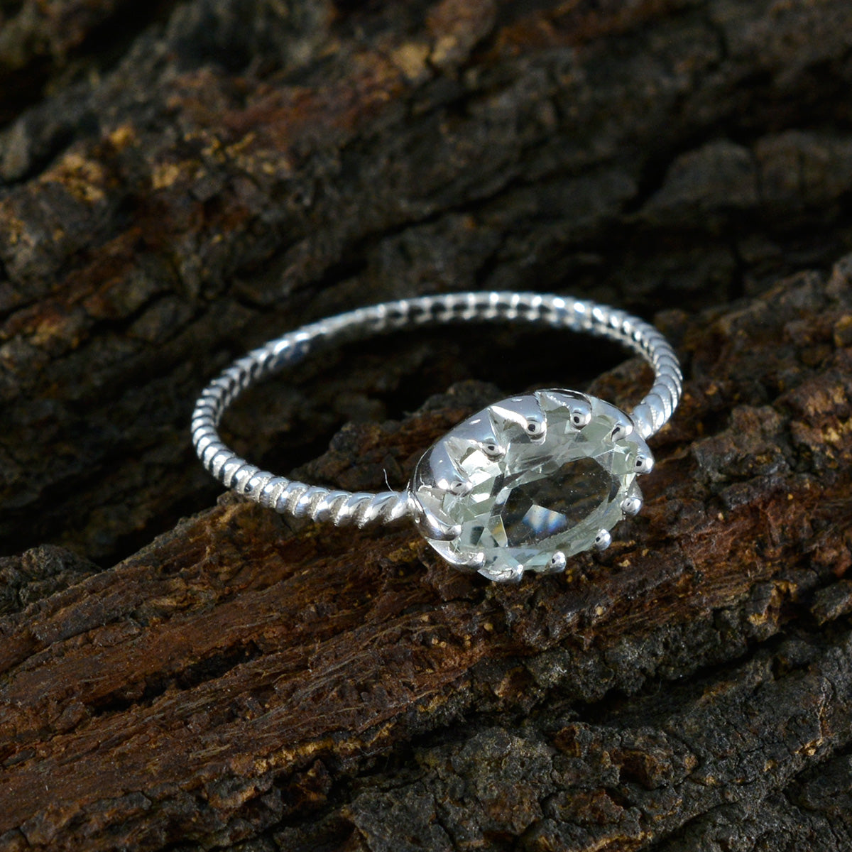 Green Amethyst Solitaire American Sterling Silver Green Gems Elegant  Twist Ring Jewelry