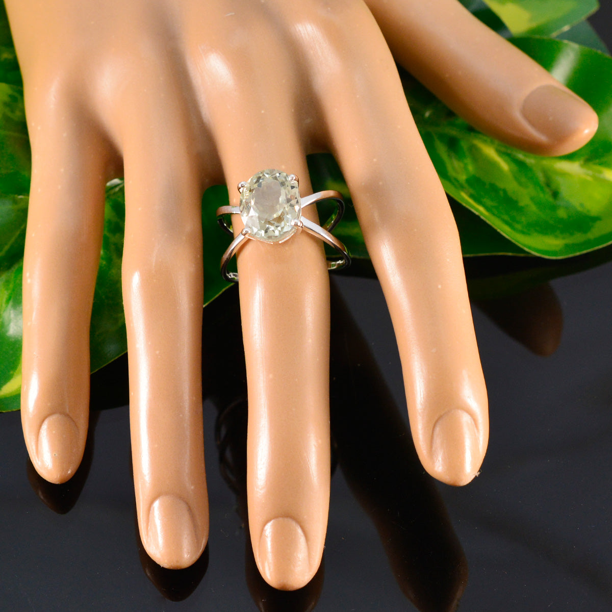 Green Amethyst Solitaire French 925 Silver Green Gemstones Tiny Abstract Ring Jewellery