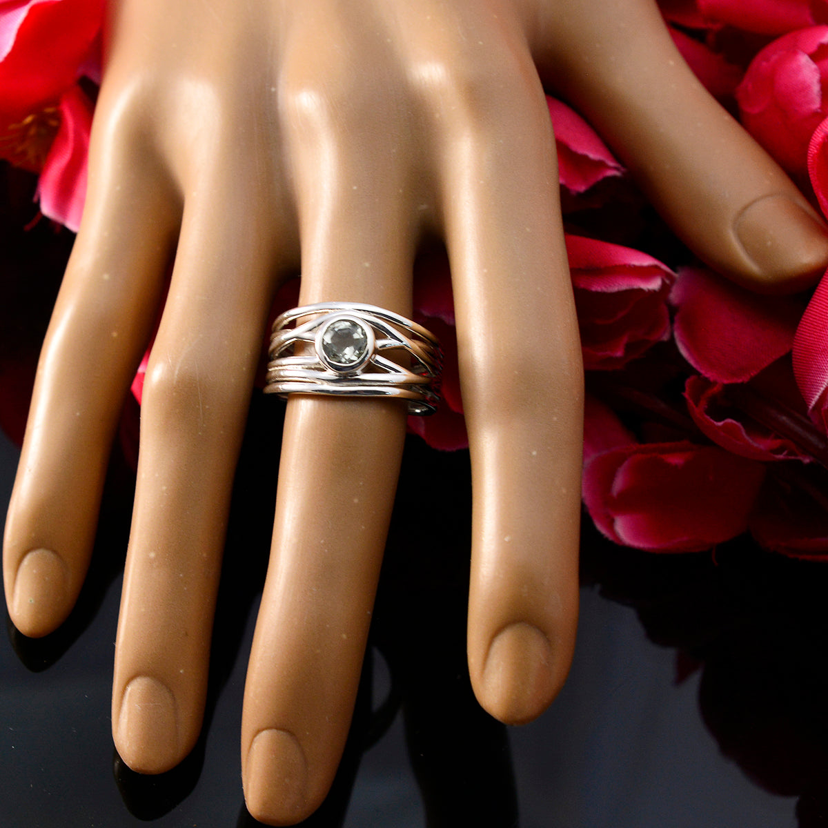 Green Amethyst Solitaire Mexican 925 Sterling Silver Green Gemstones Eye catching Rope Wire Band Jewellery