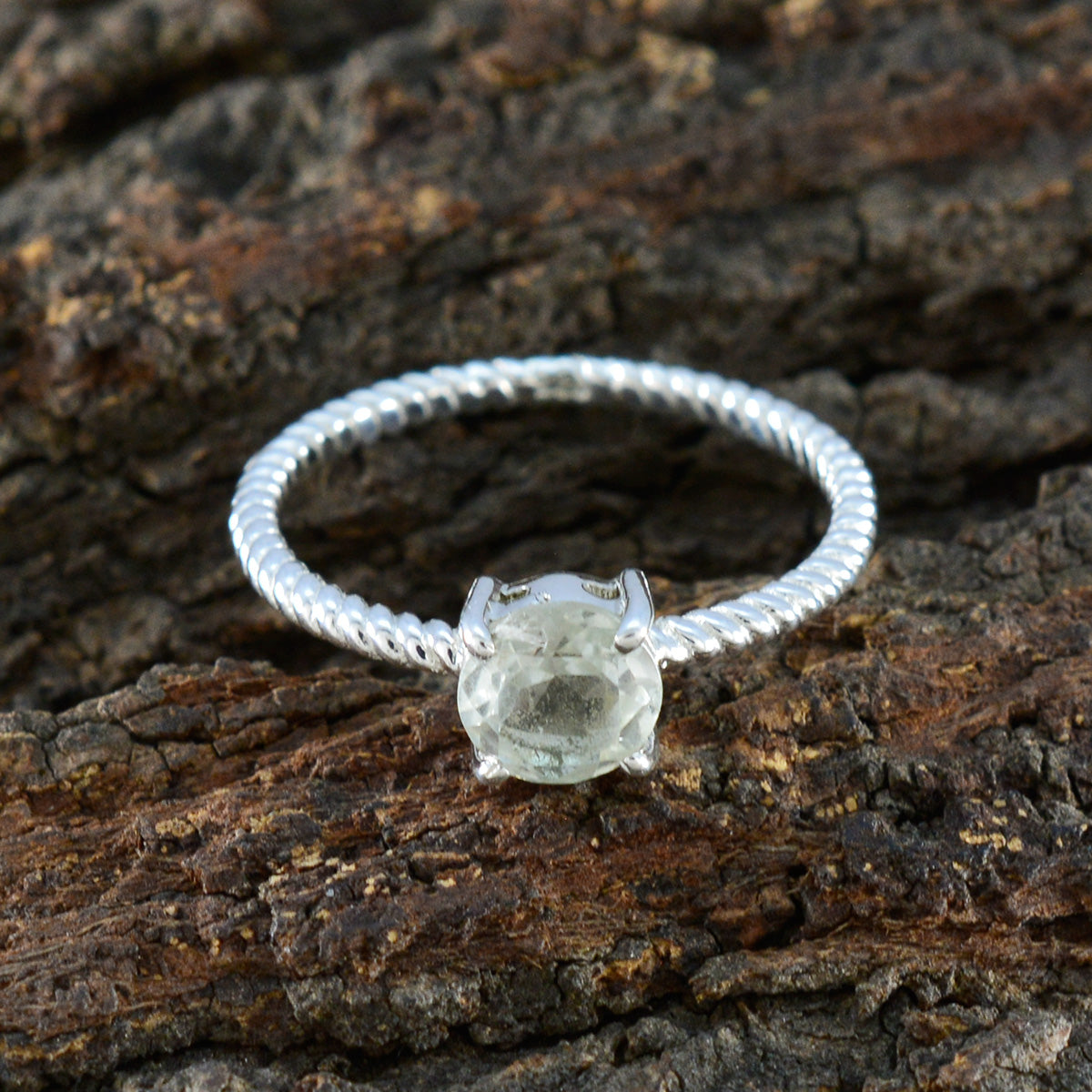 Green Amethyst Solitaire American Sterling Silver Green Gems Delicate Twist Ring Jewelry