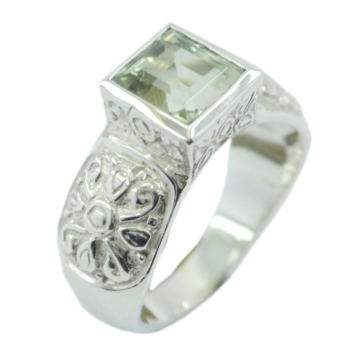 Green Amethyst Solitaire Indian Silver Green Gems Eye catching Art Deco Ring Jewellery メイン画像