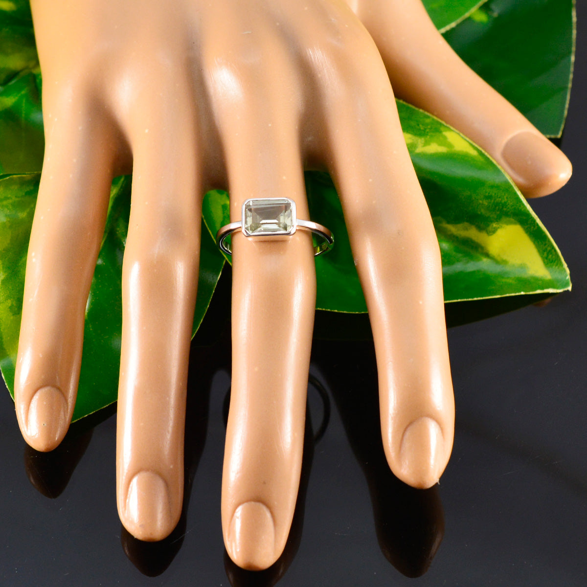 Green Amethyst Solitaire Turkish Sterling Silver Green Gemstone Dainty Modern Ring Jewelry