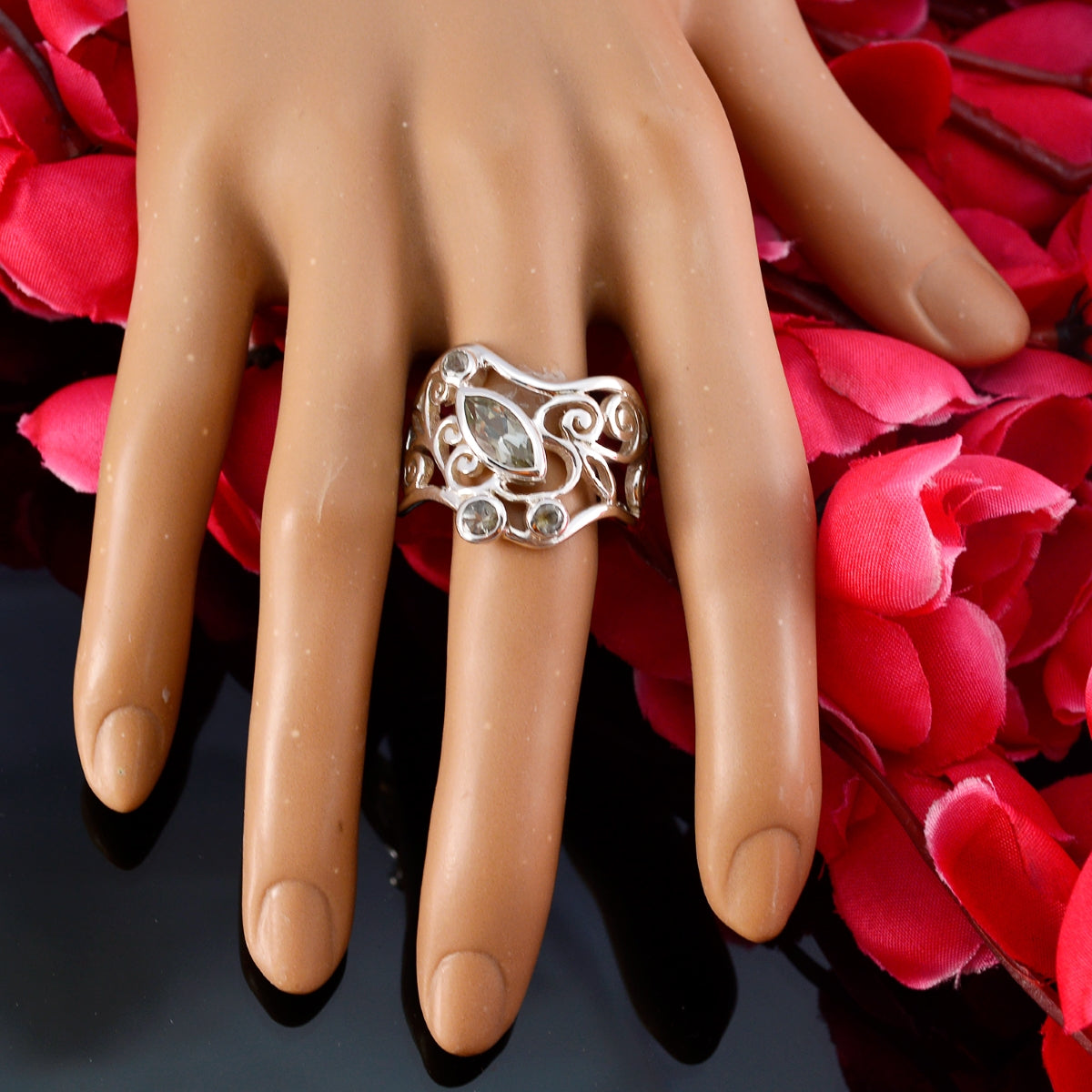 Green Amethyst quarter Mexican 92.5 Silver Green Gemstones Essential  Filigree Ring Jewelry