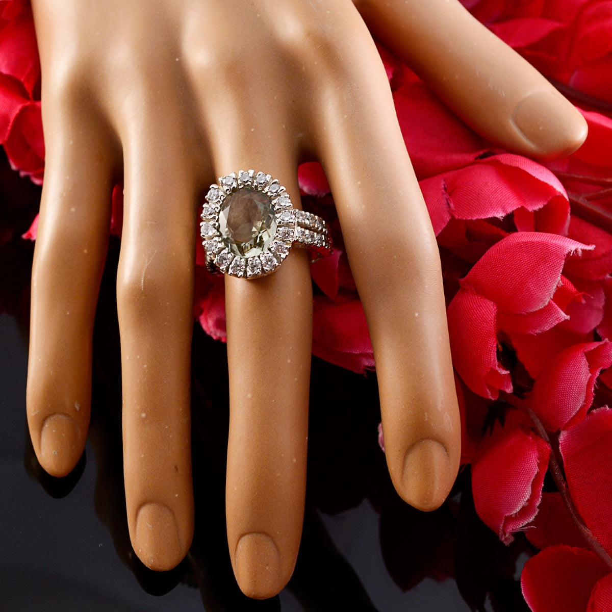 Green Amethyst Halo Moroccan 925 Silver Green Gems Eye catching Abstract Ring Jewelry