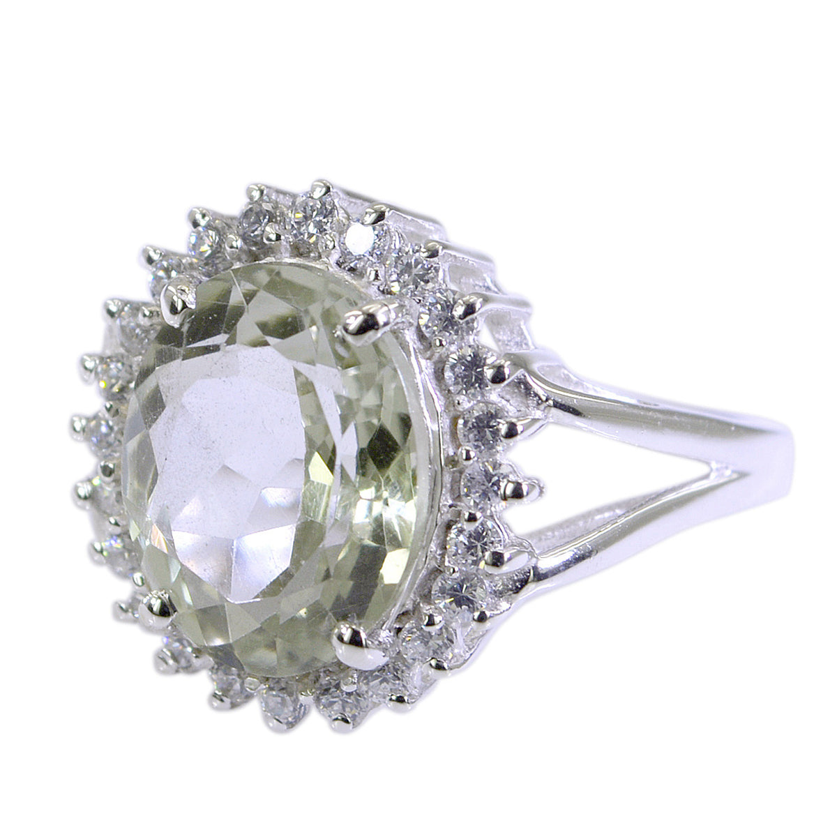 Green Amethyst Halo French Sterling Silver Green Gemstone Featherlight Modern Ring Jewellery