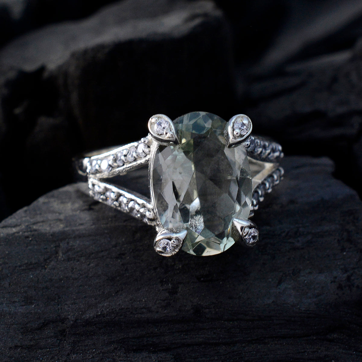 Green Amethyst Halo German Silver Green Gemstone Minimal Feminine Ring Jewellery