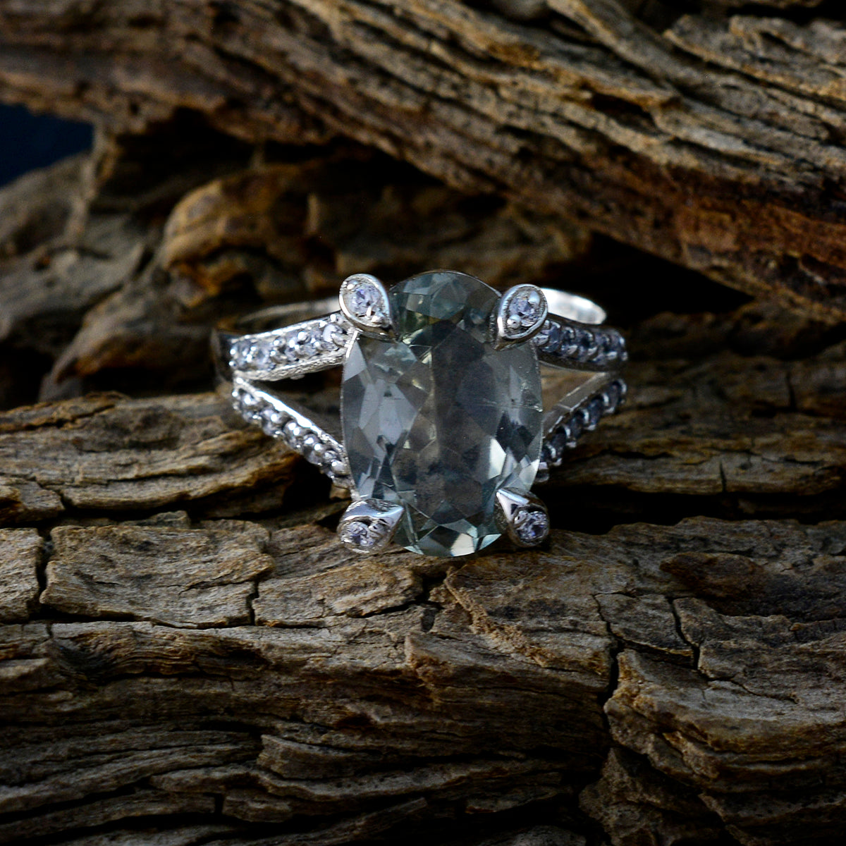 Green Amethyst Halo German Silver Green Gemstone Minimal Feminine Ring Jewellery