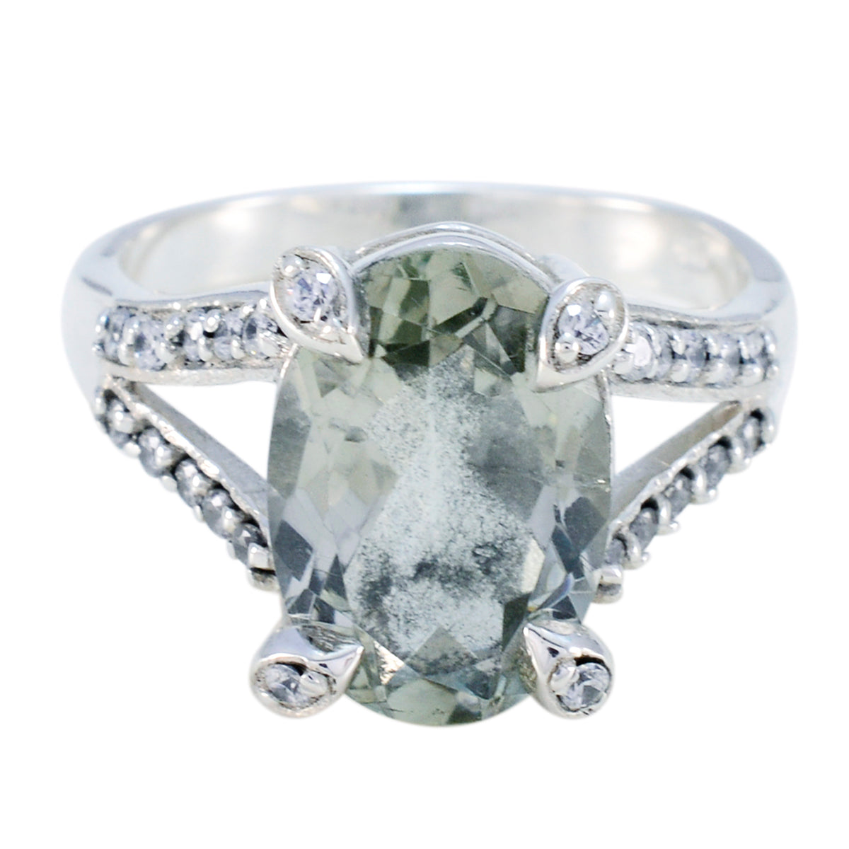 Green Amethyst Halo German Silver Green Gemstone Minimal Feminine Ring Jewellery