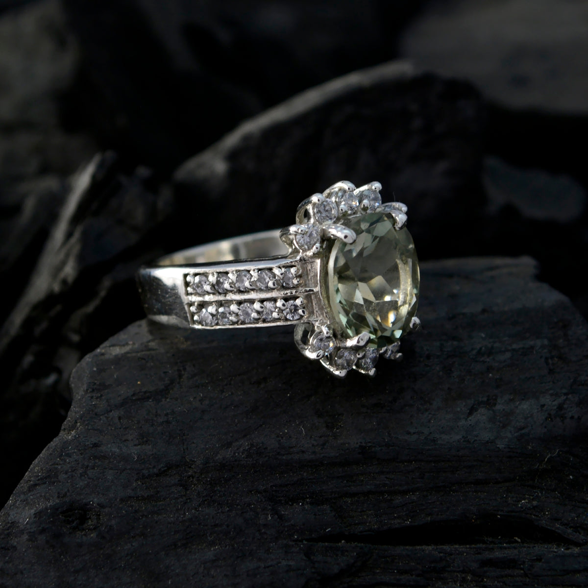 Green Amethyst Halo German 92.5 Silver Green Gemstones Classic Boho Ring Jewellery