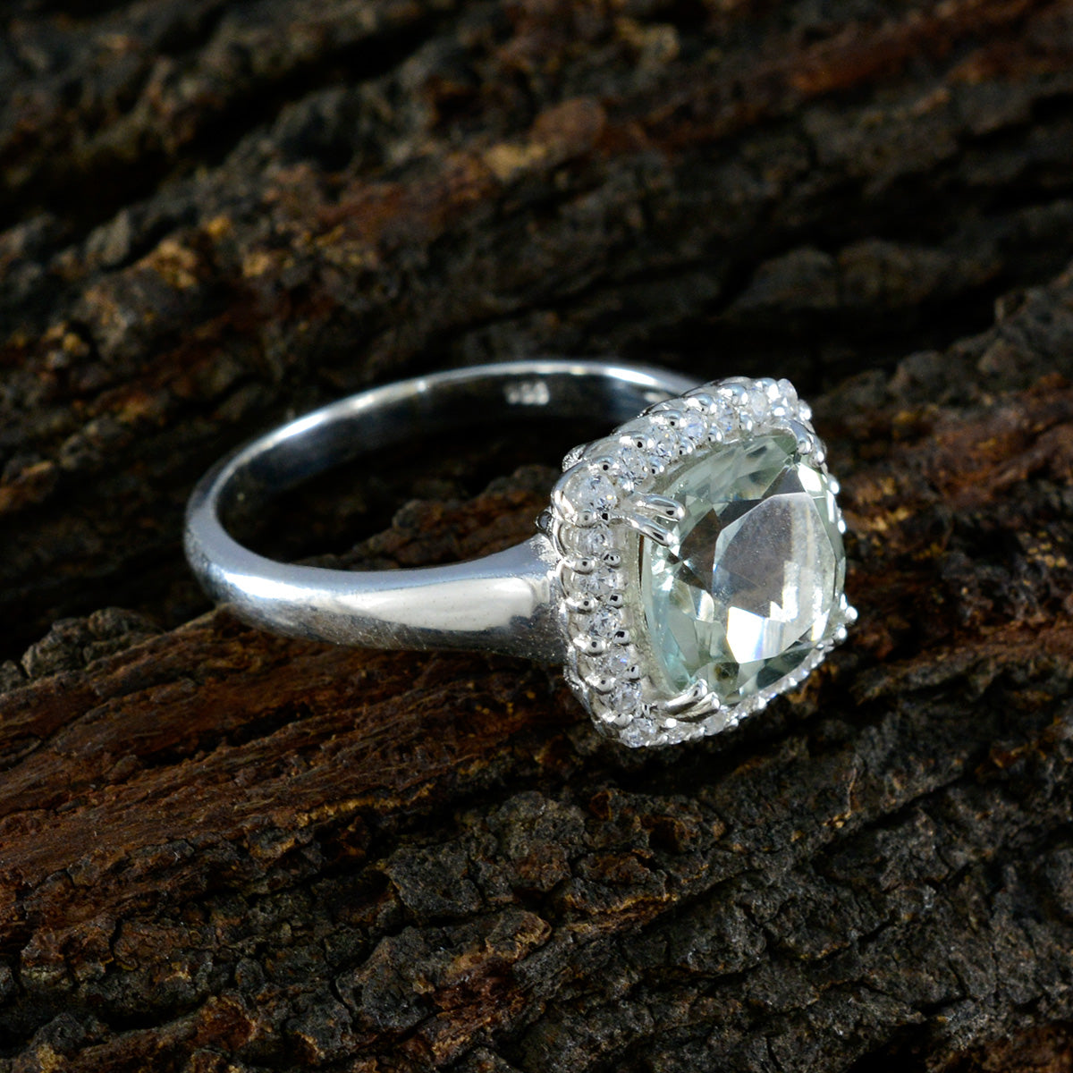 Green Amethyst Halo African 925 Sterling Silver Green Gemstones Classic Luxurious Ring Jewellery