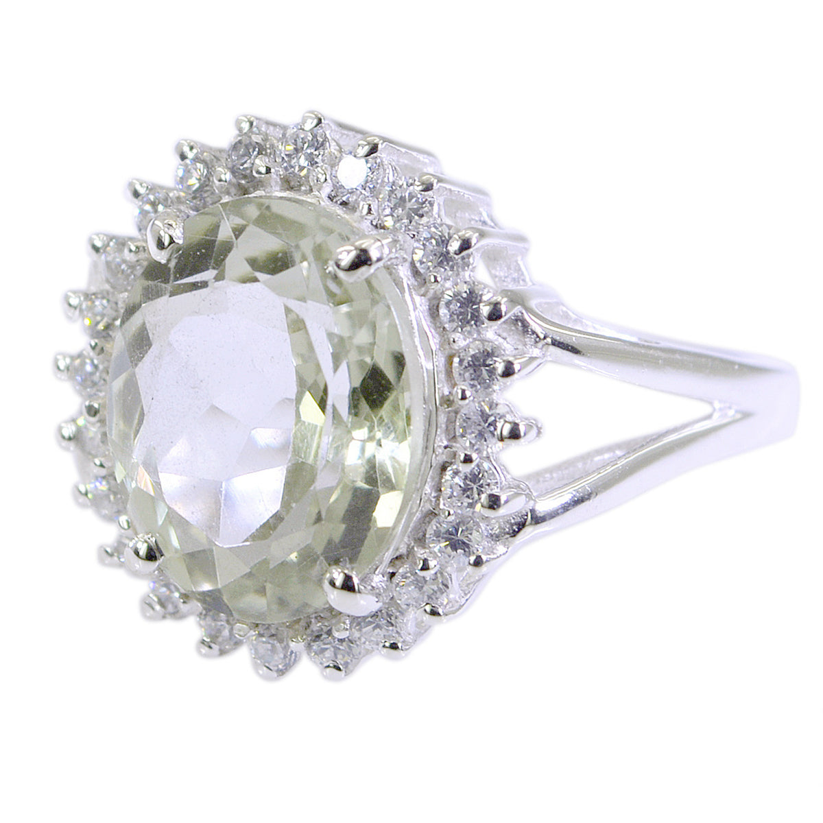 Green Amethyst Halo French 92.5 Silver Green Gemstone Edgy Trendy Ring Jewelry